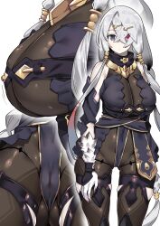 arm_under_breasts atelier_(series) atelier_ryza bangs belt blue_belt blush bodysuit breasts brown_bodysuit crossed_bangs female gluteal_fold grey_eyes grey_hair hair_ornament hairclip heterochromia hooded_vest hoodie large_breasts leather_belt lila_decyrus long_hair looking_at_viewer low_twintails multiple_views nail_polish pale_skin red_eyes shayo simple_background thighs twintails vest white_background