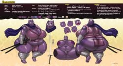 absurd_res amphibian anthro areola ass bandage big_breasts big_butt breasts cleavage clitoris clothed clothing curvy_figure english_text female frog fully_clothed gamasenshi genitals hi_res huge_butt katana kunai melee_weapon model_sheet ninja nipples non-mammal_breasts obese obese_anthro obese_female overweight overweight_anthro overweight_female purple_areola purple_body purple_nipples purple_skin pussy scarf solo spread_legs spreading sword text thick_thighs toad_(frog) vdisco voluptuous warrior weapon wide_hips