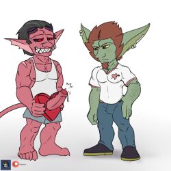 black_sclera bodily_fluids bulge clothed clothing demonic duo ear_piercing ear_ring erection genital_fluids goblin goblin_male golborne_(character) graybeast green_skin humanoid imp male muscular muscular_male piercing precum smile