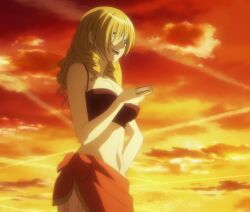 1girls big_breasts blonde_hair blue_eyes breasts busty cleavage drill_hair female female_only hand_on_hip large_breasts mature mature_female medium_hair navel open_mouth oriana_thompson pose sarong screencap smile sunset tank_top thighs to_aru_majutsu_no_index voluptuous