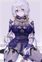 :< atelier_(series) atelier_ryza bangs bare_shoulders black_nails blue_dress bodysuit bodysuit_under_clothes breasts cleavage closed_mouth commentary_request dress elbow_gloves eyebrows_visible_through_hair female fingernails gloves grey_background grey_bodysuit hair_between_eyes hair_ornament hairclip heterochromia hisahisahisahisa large_breasts lila_decyrus long_hair looking_at_viewer md5_mismatch nail_polish purple_eyes red_eyes resolution_mismatch revision see-through seiza sharp_fingernails sidelocks silver_hair sitting solo two-tone_background very_long_hair white_gloves