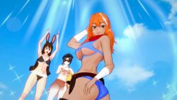 2022 3d 3girls artist_request aviator_sunglasses brown_hair bunny_ears carmine_esclados coco_adel dark-skinned_female indrick_[artist] koikatsu red_hair rwby sunglasses tinted_eyewear velvet_scarlatina