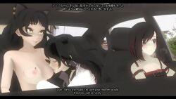 2022 3d 3girls black_hair blake_belladonna breast_sucking car cat_ears cougar english_text incest kali_belladonna kamikafe mother_and_daughter red_hair ruby_rose rwby silver_eyes subtitled text yuri