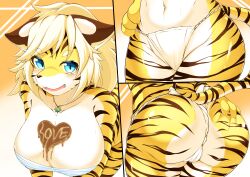 absurd_res anthro ass big_breasts blonde_hair blue_eyes blush breasts cyberconnect2 drecom felid female full_bokko_heroes fur genitals hair hi_res looking_at_viewer mammal megane_inu pantherine pussy smile striped_body stripes tiger video_games zhang_fei_(full_bokko_heroes)