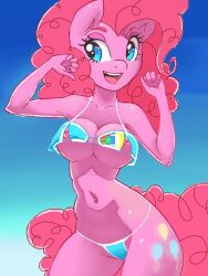 anthro areola areolae belly_button bikini bikini_top black_pupils blue_background blue_eyes blue_panties breasts cleavage clothing eyebrows eyelashes female female_focus female_only friendship_is_magic hands_up happy hasbro markings my_little_pony nipple_slip nipples open_mouth oughta panties pink_body pink_hair pink_nipples pink_tail pinkie_pie_(mlp) solo solo_female straight_hair swimsuit tail teeth teeth_showing thong underboob white_sclera year_request