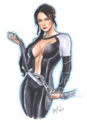 1girls blue_eyes bodysuit bow braided_ponytail brown_hair cleavage cleavage_cutout cleavage_overflow elias_chatzoudis female female_only hunger_games katniss_everdeen large_breasts lipstick looking_at_viewer plunging_neckline skin_tight solo the_hunger_games weapon