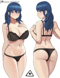 1girls artist_logo ass back back_view bangs bare_back black_bra black_panties blue_eyes blue_hair bra bra_strap breasts byleth_(fire_emblem) byleth_(fire_emblem)_(female) cleavage closed_mouth cowboy_shot donburikazoku facing_away female female_only fire_emblem fire_emblem:_three_houses highres large_breasts long_hair looking_at_viewer multiple_views navel panties patreon_username simple_background solo stomach thighs underwear underwear_only white_background