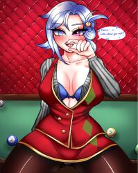 billiard_table blue_bra blue_eyes blue_hair blush bra chiebukuro_setsuka clover_jello danganronpa danganronpa_another fanganronpa female hair_ornament heterochromia large_breasts nail_polish purple_eyes sdra2 smooth_skin straight_hair super_danganronpa_another_2 text tights