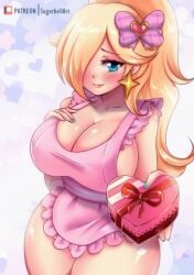 1girls apron big_breasts blonde_female blonde_hair blue_eyes blue_nails bow breasts chocolate_heart earrings female female_only fingernails hair_over_one_eye huge_breasts long_hair looking_at_viewer mario_(series) nail_polish naked_apron one_eye_obstructed princess_rosalina shiny_skin solo sugarbell thick_thighs thighs valentine's_day venus_body wide_hips