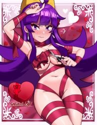 1girls absurdres black_nails blush bow breasts earrings female hairbow highres holding holding_scissors jewelry large_breasts long_hair looking_at_viewer lying nail_polish naked_ribbon navel nose_blush on_back original purple_eyes purple_hair red_ribbon ribbon sarukaiwolf scissors sidelocks solo valentine valentine's_day violentine_(sarukaiwolf) yellow_bow