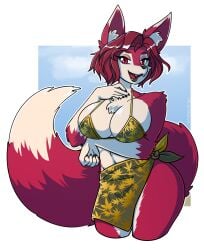 2020 alpha_channel anthro big_breasts bikini bikini_top black_lips breasts canid canine chest_tuft clothing countershading female fox fur hair kdhynamo lips mammal red_body red_eyes red_fur red_hair regys_(carp) sarong simple_background smile solo swimwear transparent_background tuft white_countershading