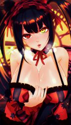 1girls big_breasts black_hair cleavage date_a_live golden_eyes gothic_lolita heterochromia kiyoshuki leaning_forward nipple_bulge red_eyes solo tokisaki_kurumi twintails