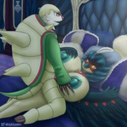 anthro bed bedroom blubluumon breast_grab breast_play breast_squish breasts chesnaught claws decidueye duo eye_contact feathered_wings feathers female female_decidueye furniture genitals hand_on_breast hi_res looking_at_another male male/female nintendo nipples paizuri penis pillow pokémon_(species) pokemon sex squish video_games wings