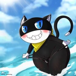 1boy absurd_res anthro atlus balls bandana beach bikini_thong black_body black_fur black_mask blue_eyes blush bulge clothing cloud curvy_figure domestic_cat felid feline felis fur genitals hi_res inner_ear_fluff kerchief leaning leaning_forward light looking_at_viewer male male_only mammal mask megami_tensei megami_tensei_persona navel outside partially_clothed_male partially_submerged penis persona_(disambiguation) pony_dreaming pulling_down_underwear pupils raised_tail sea seaside shiny_(disambiguation) sky slit_pupils smile smiling_at_viewer solo speedo sun sunlight swimwear teeth toothy_smile tuft video_games voluptuous water wide_hips yellow_bandanna yellow_kerchief