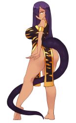 1girls 2022 armlet ass barefoot bohemia_(hori_shin) borrowed_character breasts china_dress dark-skinned_female dark_skin dress hair_over_one_eye highres large_breasts original pelvic_curtain plantar_flexion purple_hair rtil soles solo tail thighs tiger_print year_of_the_tiger