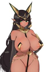 absurdres animal_ears ankh arms_behind_back ash_(cat7evy) bangs bare_shoulders between_breasts black_hair black_sleeves blunt_bangs breasts circlet cleavage closed_mouth commentary covered_nipples dark-skinned_female dark_skin detached_sleeves egyptian expressionless eyebrows_visible_through_hair fake_animal_ears female female gluteal_fold gold_trim green_eyes hand_on_hip highres huge_breasts last_origin light_blush long_hair looking_at_viewer no_humans pointy_ears revealing_clothes sekhmet_of_death simple_background sketch solo thighs white_background