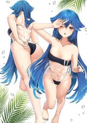 adjusting_swimsuit back_view bangs bao_(vtuber) blue_hair blue_nails female female_focus gris_swimsuit highres indie_virtual_youtuber looking_at_viewer meron_panne navel one_eye_closed swimsuit tagme virtual_youtuber wet_body