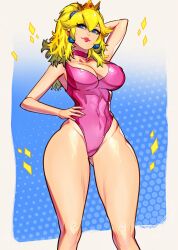 1girls big_breasts big_thighs blonde_hair blue_eyes breasts choker cleavage crown earrings female hand_on_back hand_on_hip huge_thighs mario_(series) nintendo pony_tail ponytail princess_peach shiny_breasts shiny_hair shiny_skin solo swimsuit thick_thighs thighs toned toned_female white_skin xdtopsu01 yellow_hair