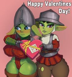 2girls armor blue_eyes breastplate chocolate clothed clothing cranihum female female_only goblin goblin_female green_skin happy helmet holidays leotard lips looking_at_viewer nervous nipple_bulge original original_character purple_eyes shortstack shy smile tani_(cranihum) thick_thighs thighs tight_clothing valentine's_day