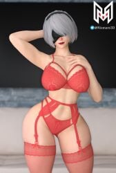 1girls 3d 3d_(artwork) absurd_res android big_breasts breasts curvaceous curvy curvy_female eyepatch female hi_res large_breasts lingerie lipstick nier nier:_automata nier_(series) nixmare_(artist) pale-skinned_female pale_skin thick_hips thick_thighs thighs valentine's_day voluptuous white_hair wide_hips yorha_2b