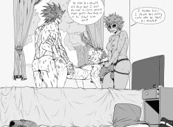 1girls 2boys bed big_breasts bisexual bisexual_male breasts double_penetration eijirou_kirishima female_supporting_yaoi katsuki_bakugou kiahl lobsterkiahl mina_ashido my_hero_academia no_color ring_gag sex_from_behind sex_toy spiky_hair strap-on yaoi