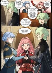 1boy 2girls blue_hair byleth_(fire_emblem) byleth_(fire_emblem)_(male) cheerful comic english_text fire_emblem fire_emblem:_three_houses green_eyes green_hair hand_holding happy happy_female heart-shaped_pupils hetero hilda_valentine_goneril kinkymation marianne_von_edmund marriage_proposal pink_eyes pink_hair polyamory wholesome