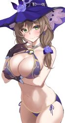 1girls belly_button big_breasts bikini blush blushing breasts brown_hair brunette busty closed_mouth closed_smile color colored earrings eyebrows_visible_through_hair female female_focus female_only female_solo flower flower_in_hair genshin_impact gloves green_eyes hat headwear jewelry large_breasts light-skinned light-skinned_female light_skin lisa_(genshin_impact) looking_at_viewer mihoyo mouth_closed only_female purple_hat seogaeck simple_background smile smiling smiling_at_viewer solo solo_female solo_focus string_bikini string_panties thighs two_piece_swimsuit two_tone_bikini white_background witch_hat