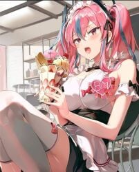 1girls azur_lane big_breasts blue_skreks blush blushing bremerton_(azur_lane) cute heart ice_cream looking_at_viewer maid maid_outfit maid_uniform manjuu_(company) miamia_xxz pink_eyes pink_hair sitting sitting_on_chair skirt thighhighs valentine's_day yongshi yostar