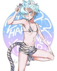 androgynous animal_ears belaf bikini bikini_top birthmark blue_eyes blue_hair curly_hair facial_mark femboy kaisenmilktea made_in_abyss male male_only new_year short_hair short_shorts skinny solo tiger_ears tiger_print tiger_tail twink year_of_the_tiger