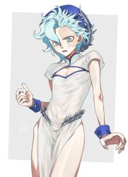 androgynous belaf blue_eyes blue_hair burn_scar china_dress chinese_clothes cleavage_cutout crossdressing curly_hair facial_scar femboy kaisenmilktea made_in_abyss male male_only pale-skinned_male pale_skin pelvic_curtain scar short_hair side_slit skinny solo wrist_cuffs