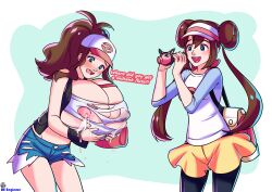 areolae beengineer breast_expansion breasts_bigger_than_head female female_focus female_only gigantic_breasts hilda_(pokemon) inherentlysostrange lactating lactation lactation_through_clothes medium_breasts milk nipples pokemon rosa_(pokemon) top_heavy torn_clothes torn_clothing wardrobe_malfunction yuri