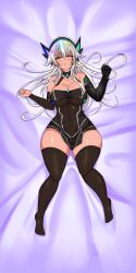 big_breasts black_stockings breasts brown_eyes cat_ears female female_only in_bed iona_n'nyar looking_at_viewer thick_thighs thighhighs thighs twitch twitter virtual_youtuber white_body white_hair white_skin youtube