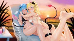 2girls absurdres bangs beach big_ass big_breasts big_butt bikini blonde_hair blue_eyes blush breasts demon demon_girl demon_horns demon_tail fallenskyflames female foxyevoxy from_side fx07 fxq1 heterochromia highres long_hair looking_at_viewer medium_breasts multiple_girls original pink_eyes smile streaked_hair sweat tail tattoo