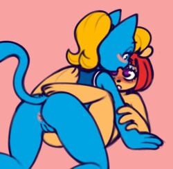 2022 all_fours anthro anthro_on_anthro anus ass blonde_hair blue_body bottomless bottomless_anthro bottomless_female bovid caprine chipposter clothed clothing colored_sketch domestic_cat duo felid feline felis female female/female genitals hair katy_kat lammy_lamb mammal parappa_the_rapper pussy red_hair sheep sketch sony_corporation sony_interactive_entertainment tan_body um_jammer_lammy video_games