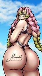 1girls ass big_ass braids dat_ass demon_slayer female female_only green_eyes kanroji_mitsuri kimetsu_no_yaiba looking_back mewmich monokini one-piece_swimsuit pink_hair shy solo swimsuit thong wide_hips