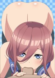 1boy 1girls atelier_gons blowjob blowjob_pov censored deep_blowjob deepthroat fellatio female go-toubun_no_hanayome headphones highres kneeling looking_at_viewer nakano_miku nude on_knees oral oral_sex penis pointless_censoring pov purple_eyes shiny shiny_skin textless