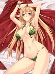 alleyne bikini blonde_hair blush elf elf_ear elf_ears elf_female elf_girl laying_on_bed leaf_bikini long_blonde_hair long_hair looking_at_viewer on_bed pointy_ears queen's_blade staring_at_viewer