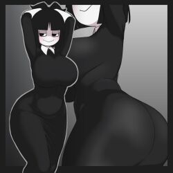 1girls arms_behind_head ass ass_in_dress big_ass big_breasts black_hair breasts_bigger_than_head creepy_susie dress female female_only goth hands_behind_head hourglass_figure huge_ass huge_breasts kaxiota mob_face pale-skinned_female pale_skin short_hair simple_eyes tagme the_oblongs thick_thighs thighhighs tight_fit voluptuous white_body white_skin