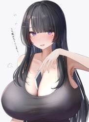 between_breasts black_hair blush breasts cellphone cleavage female huge_breasts japanese_text long_hair massive_breasts metae mole mole_under_eye nervous object_between_breasts original original_character phone purple_eyes schoolgirl smartphone text translated