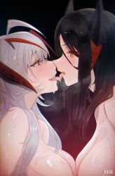 2girls alternate_hair_length alternate_hairstyle antenna_hair arknights black_background black_hair blush breast_press breasts commentary_request completely_nude elsi eye_contact french_kiss from_side gradient_background gradient_hair grey_hair highres horns ines_(arknights) kissing korean_commentary large_breasts looking_at_another multicolored_hair multiple_girls nude open_mouth orange_eyes profile red_background red_eyes red_hair saliva saliva_trail steaming_body symmetrical_docking two-tone_hair upper_body w_(arknights) yuri