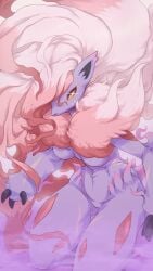 1girls 3_fingers animal_ears animal_nose barely_visible_genitalia barely_visible_pussy big_hair blue_fur breasts female floating_hair fur furry furry_female furry_only glowing_eye hair_over_one_eye hi_res highres hisuian_zoroark looking_at_viewer naked nintendo no_nipples nude plague_of_gripes pokémon_(species) pokemon pokemon_(species) pokemon_legends:_arceus pussy solo thick_thighs thigh_gap two_tone_fur white_fur white_hair yellow_sclera zoroark