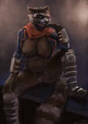 anthro big_breasts breasts brown_body brown_fur female fur genitals guardians_of_the_galaxy hi_res kronte marvel pussy rocket_raccoon rule_63 solo