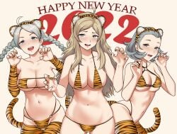 2022 3girls absurdres ahoge animal_ears animal_print asymmetrical_bangs bangs bbk_(13zk) blonde_hair blue_eyes braid breasts chinese_zodiac commission eyepatch_bikini female female_only fire_emblem fire_emblem_fates grey_eyes grey_hair happy_new_year highres large_breasts long_hair multiple_girls navel nina_(fire_emblem) nintendo o-ring open_mouth ophelia_(fire_emblem) sophie_(fire_emblem) tail thighhighs tiger_ears tiger_print tiger_stripes tiger_tail twin_braids white_hair year_of_the_tiger