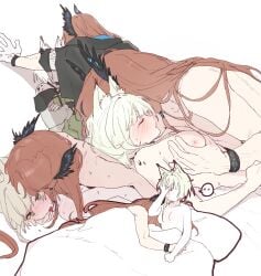 1boy after_sex animal_ear_fluff animal_ears arknights blush breasts brown_hair cat_ears closed_eyes cuckold dal-gi dress female gloves green_dress green_eyes head_wings highres implied_sex kal'tsit_(arknights) light_green_hair medium_breasts multiple_views nipples nose_blush ntr nude passenger_(arknights) sex simple_background straight white_background white_gloves