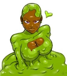 1girls 2017 artist_signature breast_focus breasts_focus cleavage dark-skinned_female dark_skin digital_media_(artwork) earrings female female_focus female_only goo_girl green_earrings green_hair green_skin heart hi_res high_resolution highres highroller1234 humanoid lime_(stretchandsqueeze) looking_at_viewer monster_girl not_furry nude nude_female nudity original original_character purple_eyes raised_eyebrow shiny_skin simple_background slime_girl smirk solo solo_female solo_focus white_background