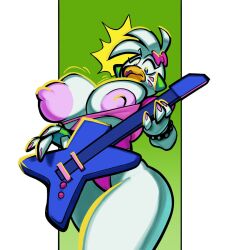 accessory anthro areola avian beak big_breasts bird blue_eyes bracelet breasts chicken clothed clothing colored_nails female five_nights_at_freddy's five_nights_at_freddy's:_security_breach galliform gallus_(genus) glamrock_chica_(fnaf) guitar hair_accessory hair_ribbon hi_res holding_musical_instrument holding_object holidays jewelry mammal musical_instrument nails nipples nondelismell phasianid pink_nipples plucked_string_instrument ribbons scottgames solo steel_wool_studios string_instrument thunder_thighs valentine's_day video_games wardrobe_malfunction white_body