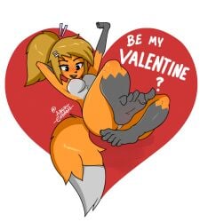 angrycaboose angrycabooseart anthro breasts cabby_(angrycaboose) canid canine feet female foot_fetish foot_focus fox hi_res holidays lying mammal on_back solo valentine's_day