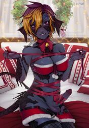 1futa au_ra balls bed black_hair blonde_hair breasts christmas clothed clothing detailed_background erection final_fantasy final_fantasy_xiv futa_only futanari horns humanoid humanoid_penis inspyart kato_ile medium_breasts medium_penis mostly_nude penis purple_skin ribbon ribboned_body sitting solo tail thighhighs two_tone_hair wide_hips