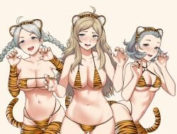 3girls absurdres ahoge animal_ears animal_print asymmetrical_bangs bangs bbk_(13zk) blonde_hair blue_eyes braid breasts chinese_zodiac commission eyepatch_bikini female female_only fire_emblem fire_emblem_fates grey_eyes grey_hair highres large_breasts long_hair multiple_girls navel nina_(fire_emblem) nintendo o-ring open_mouth ophelia_(fire_emblem) sophie_(fire_emblem) tail thighhighs tiger_ears tiger_print tiger_stripes tiger_tail twin_braids white_hair year_of_the_tiger