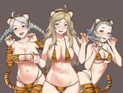 3girls absurdres ahoge animal_ears animal_print asymmetrical_bangs bangs bbk_(13zk) blonde_hair blue_eyes braid breasts chinese_zodiac commission eyepatch_bikini female female_only fire_emblem fire_emblem_fates grey_eyes grey_hair highres large_breasts long_hair multiple_girls navel nina_(fire_emblem) nintendo o-ring open_mouth ophelia_(fire_emblem) sophie_(fire_emblem) tail thighhighs tiger_ears tiger_print tiger_stripes tiger_tail twin_braids white_hair year_of_the_tiger